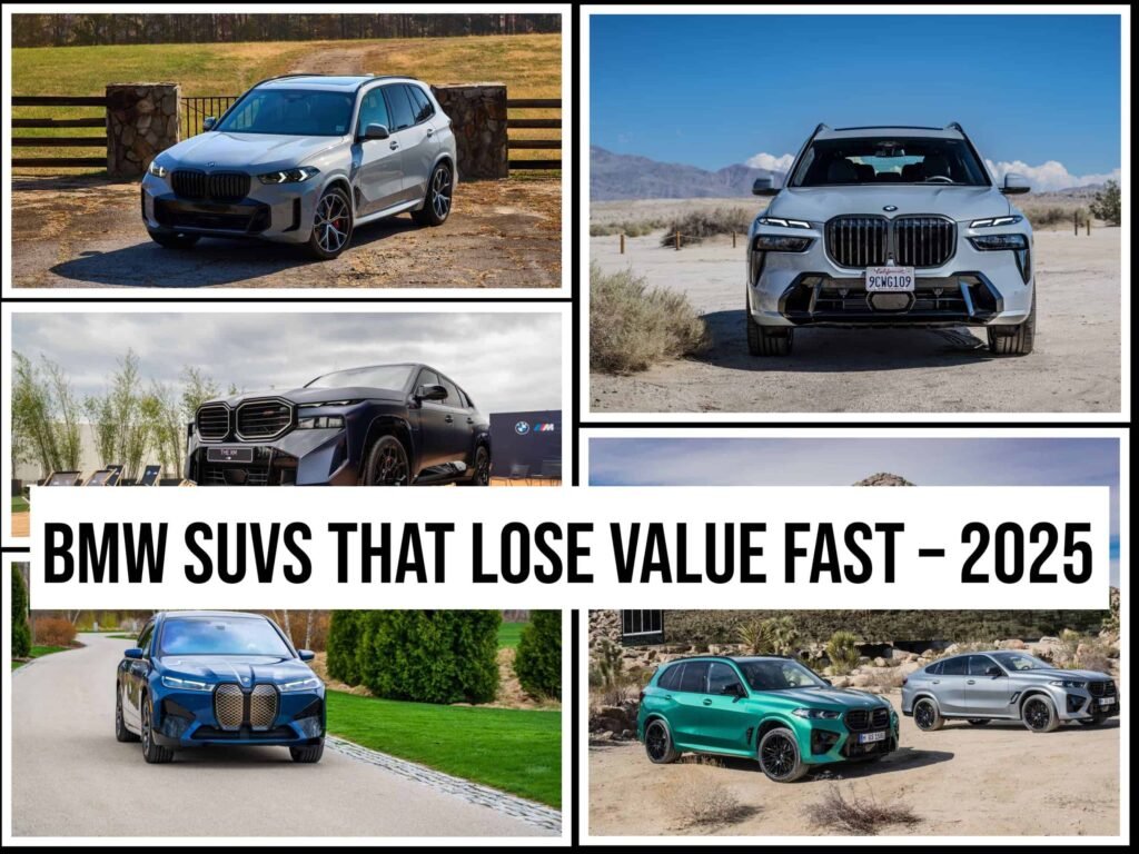 Lineup of BMW SUVs including iX, XM, and X5 parked side by side