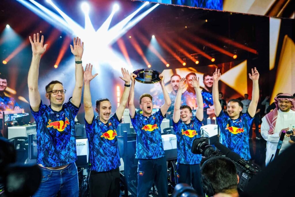 BMW M Team Redline celebrates 2025 Esports World Cup victory on Rennsport platform