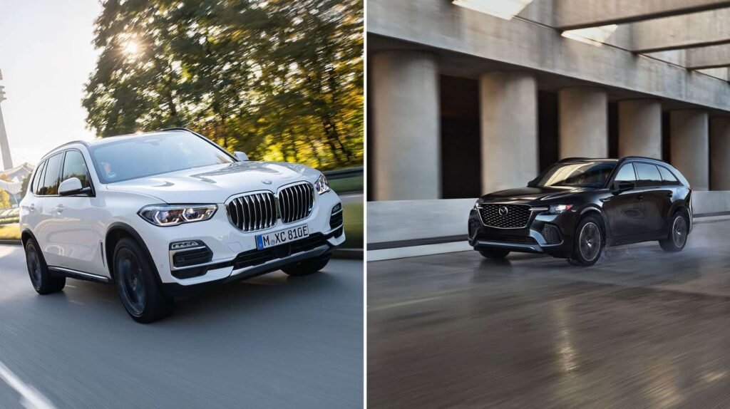Used BMW X5 xDrive45e parked beside a new Mazda CX-70 3.3 Turbo Preferred