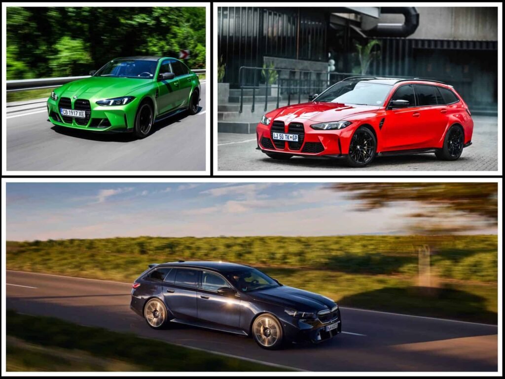 Front three-quarter view of 2025 BMW M3, M3 Touring, and M5 Touring parked together