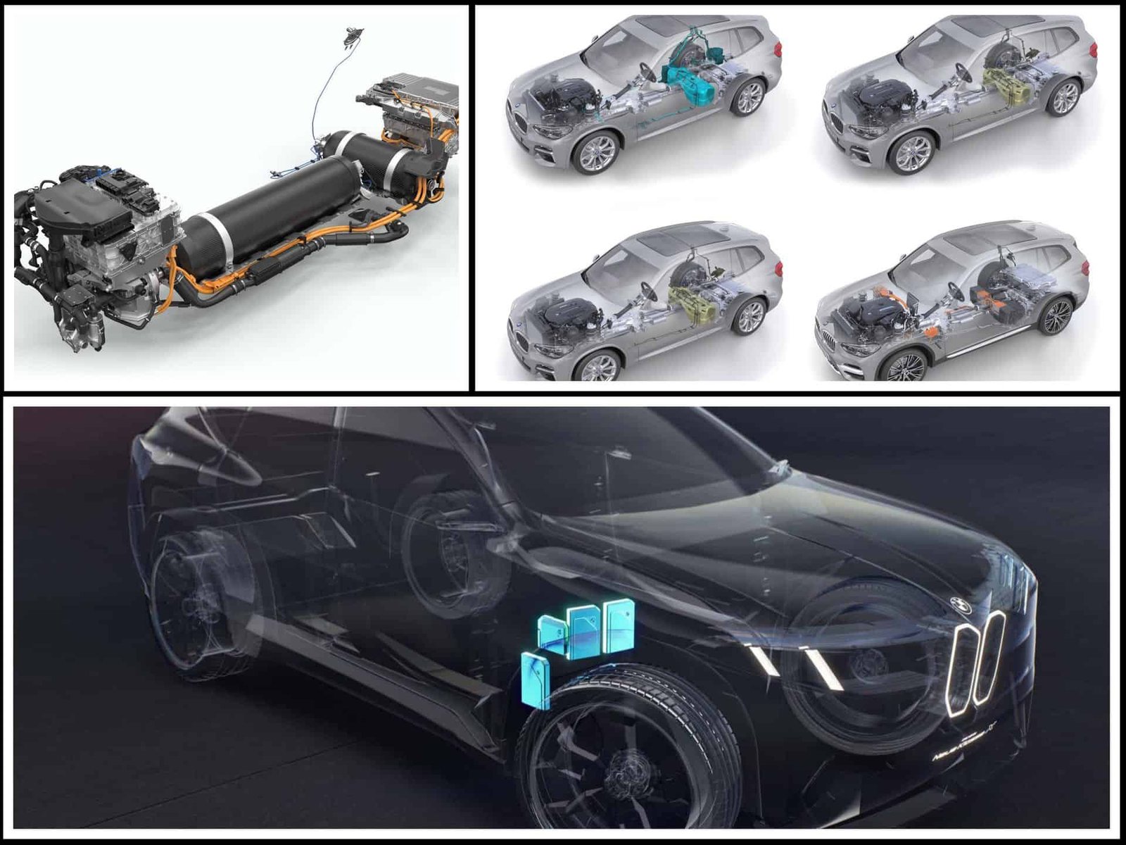 Composite image showing BMW hydrogen drivetrain, Neue Klasse EV technology, and CLAR platform